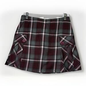 Lands End School Uniform Juniors 3 Side Pleat Skort Above Knee Burgundy Plaid